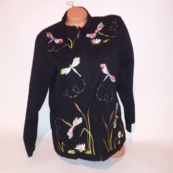 Quacker Factory Jacket Womens Large Black Embroidered Colorful Dragonfly Long Sl - Picture 3 of 16